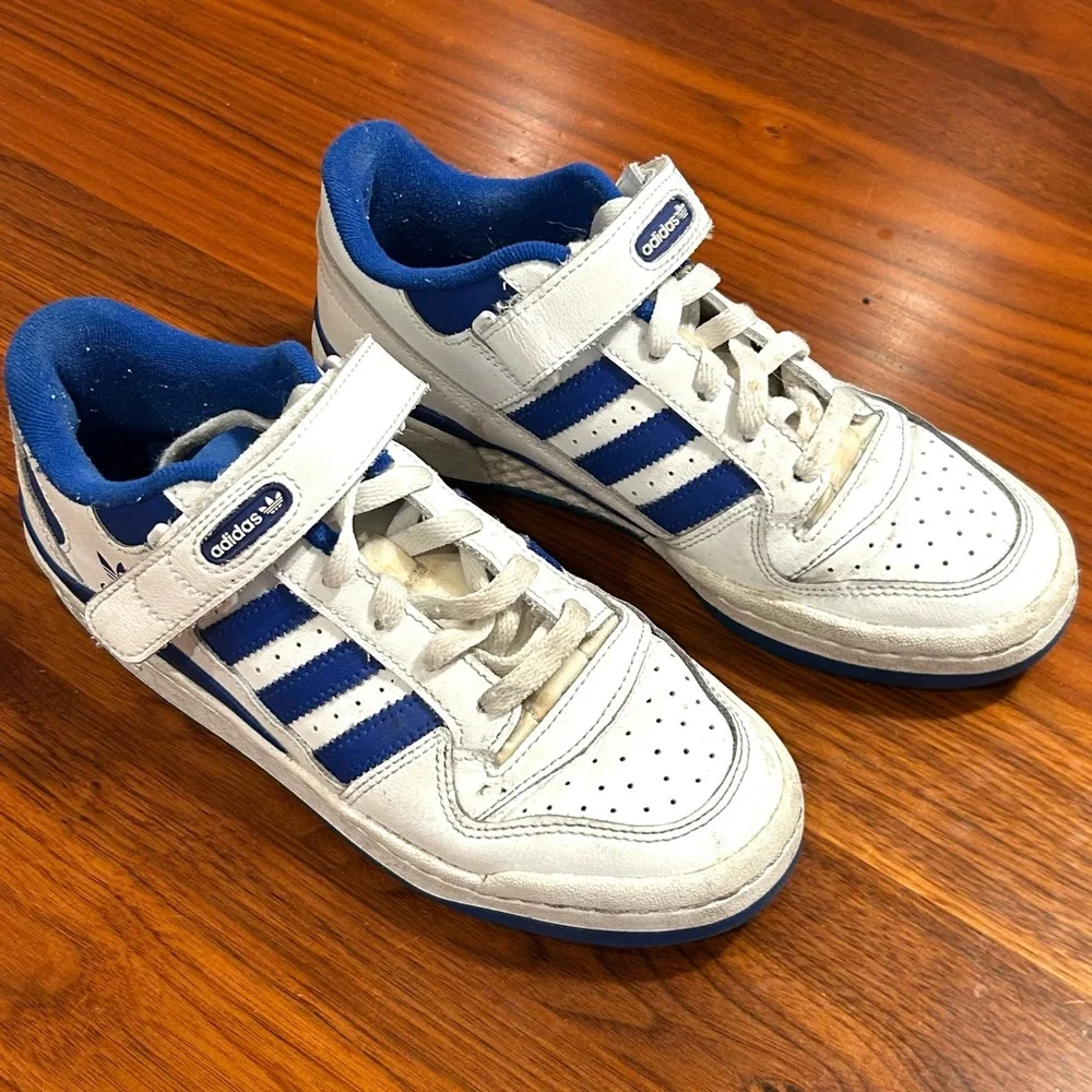 Adidas Forum Low Top White and Royal Blue Sneakers